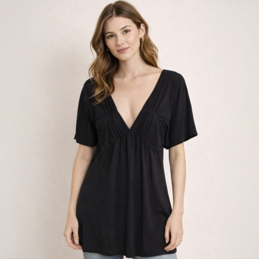 CDR Black V-Neck Flutter Sleeve Tunic Top Boho Whimsigoth Dark Brown Size Medium